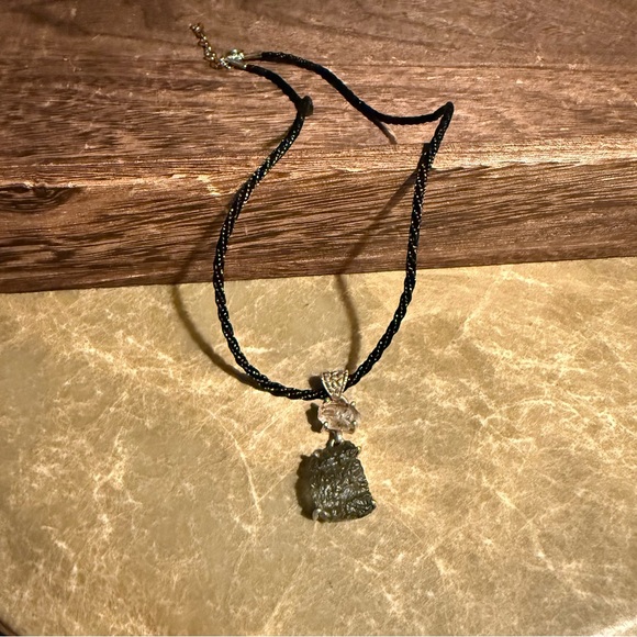 Genuine Czech Moldavite & Herkimer Diamond Quartz Pendant .925 Sterling Silver - Picture 9 of 9